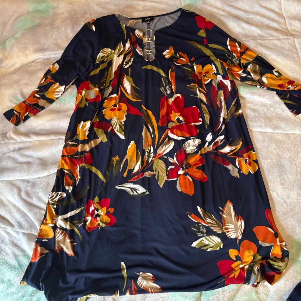 MSK Navy Floral Long-Sleeve Dress with Gold Neck Rings